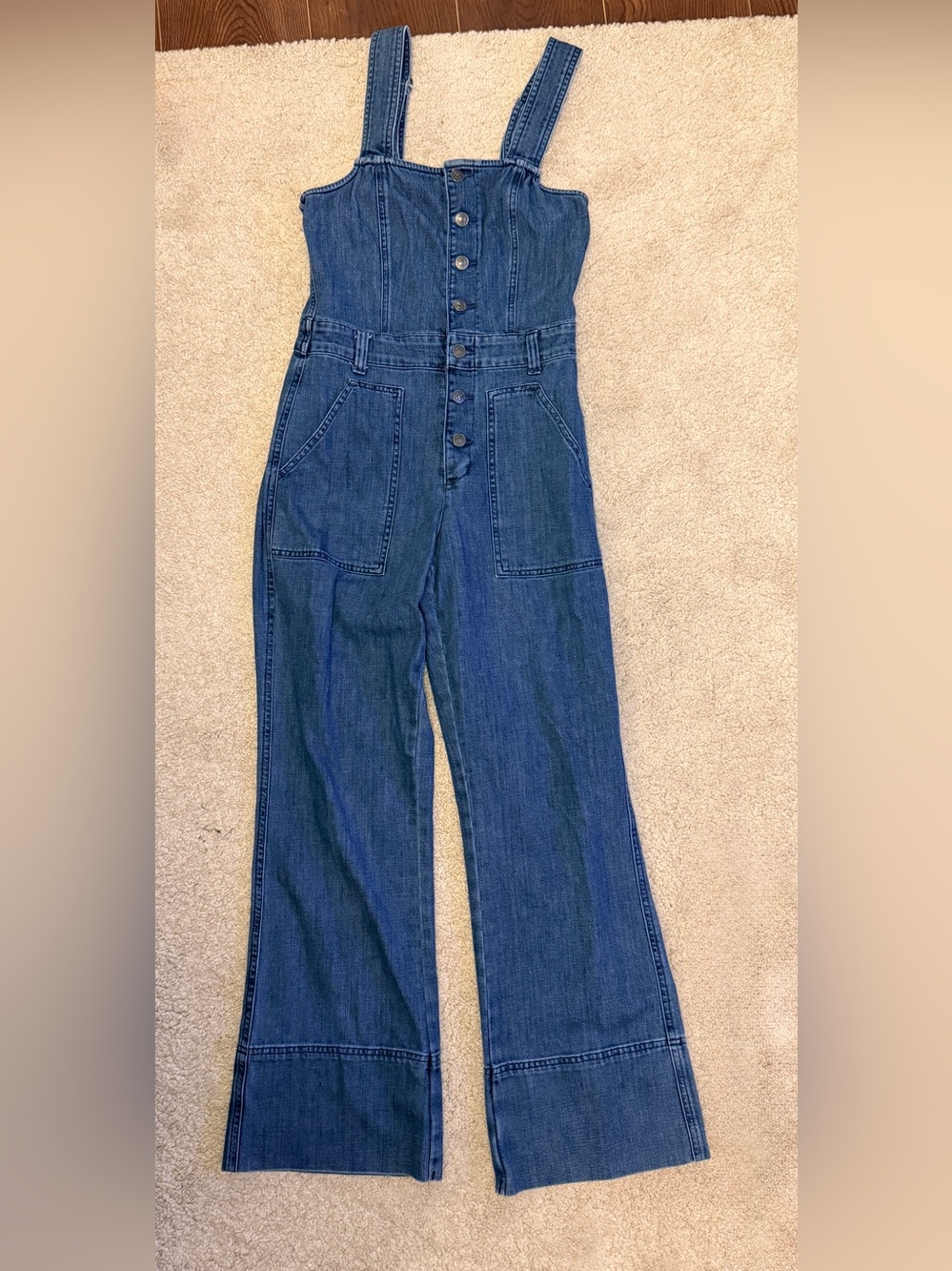 aerie Blue Denim Wide-Leg Button-Front Overalls
